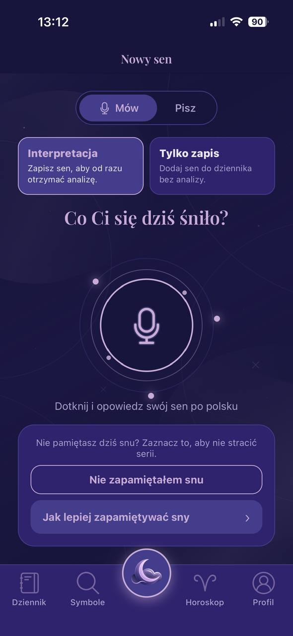 Ekran aplikacji Lunka z nagrywaniem snu